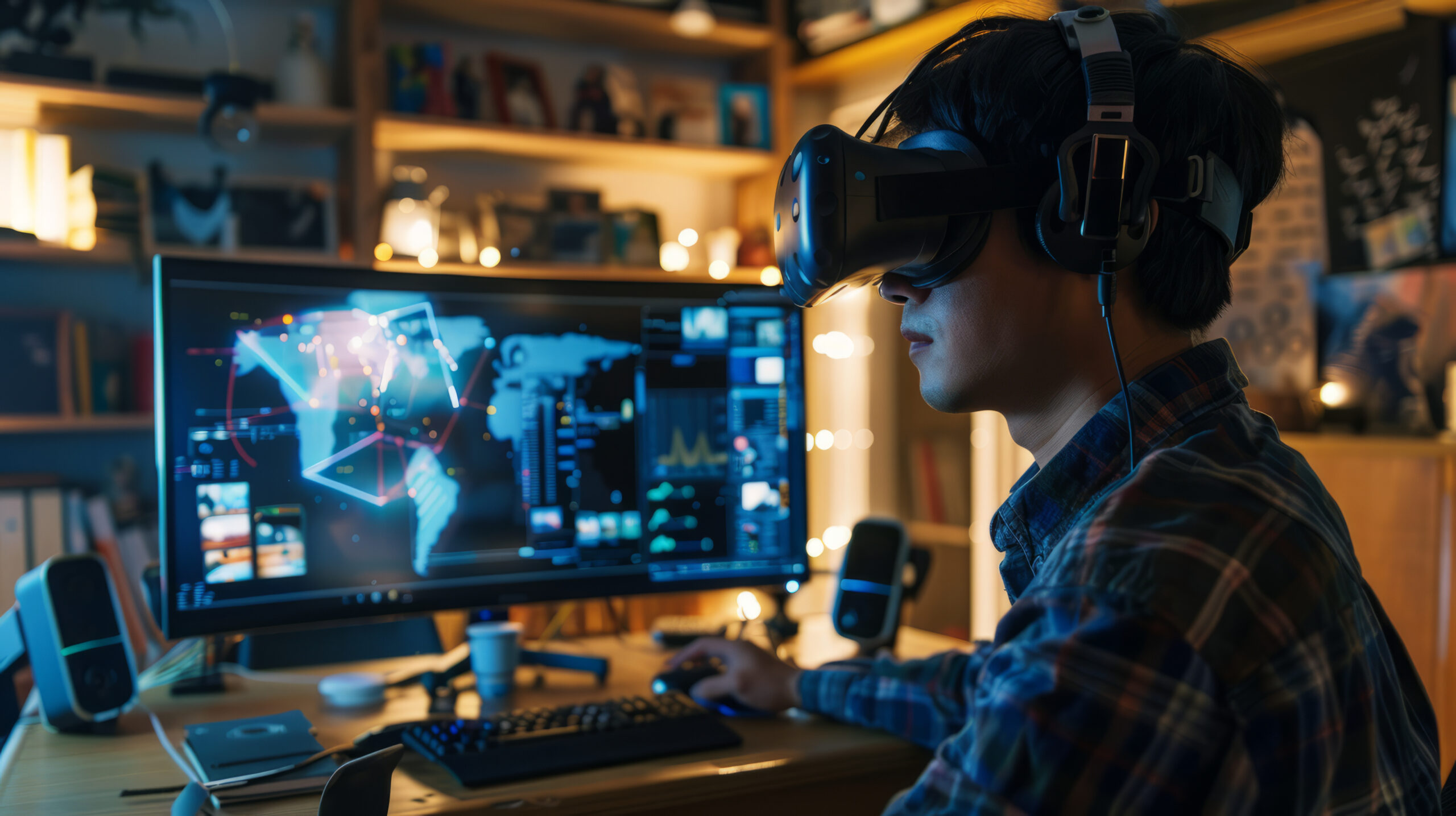 a Korean remote worker creating a virtual reality presentation from a home office, using VR gear and a computer