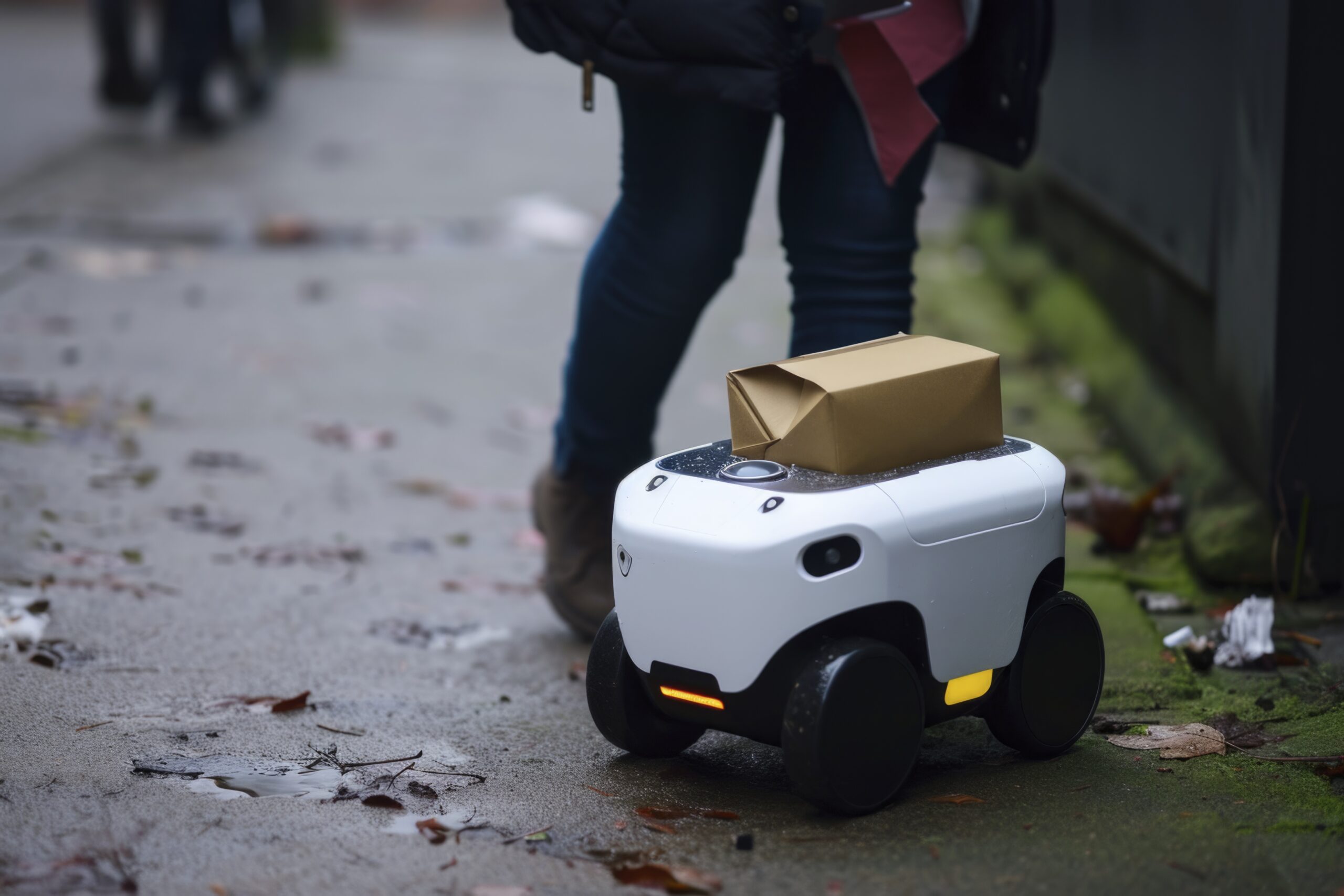 white minirobot vehicle with person holding packet, in the style of joyful and optimistic, the style of nikon af600, dark gray and amber, capture urban, rogier van der weyden, intel core, geometric order, contact printing --chaos 13 --ar 3:2 --v 6 Job ID: 4f5582a3-a626-4014-9356-976e854c79f0
