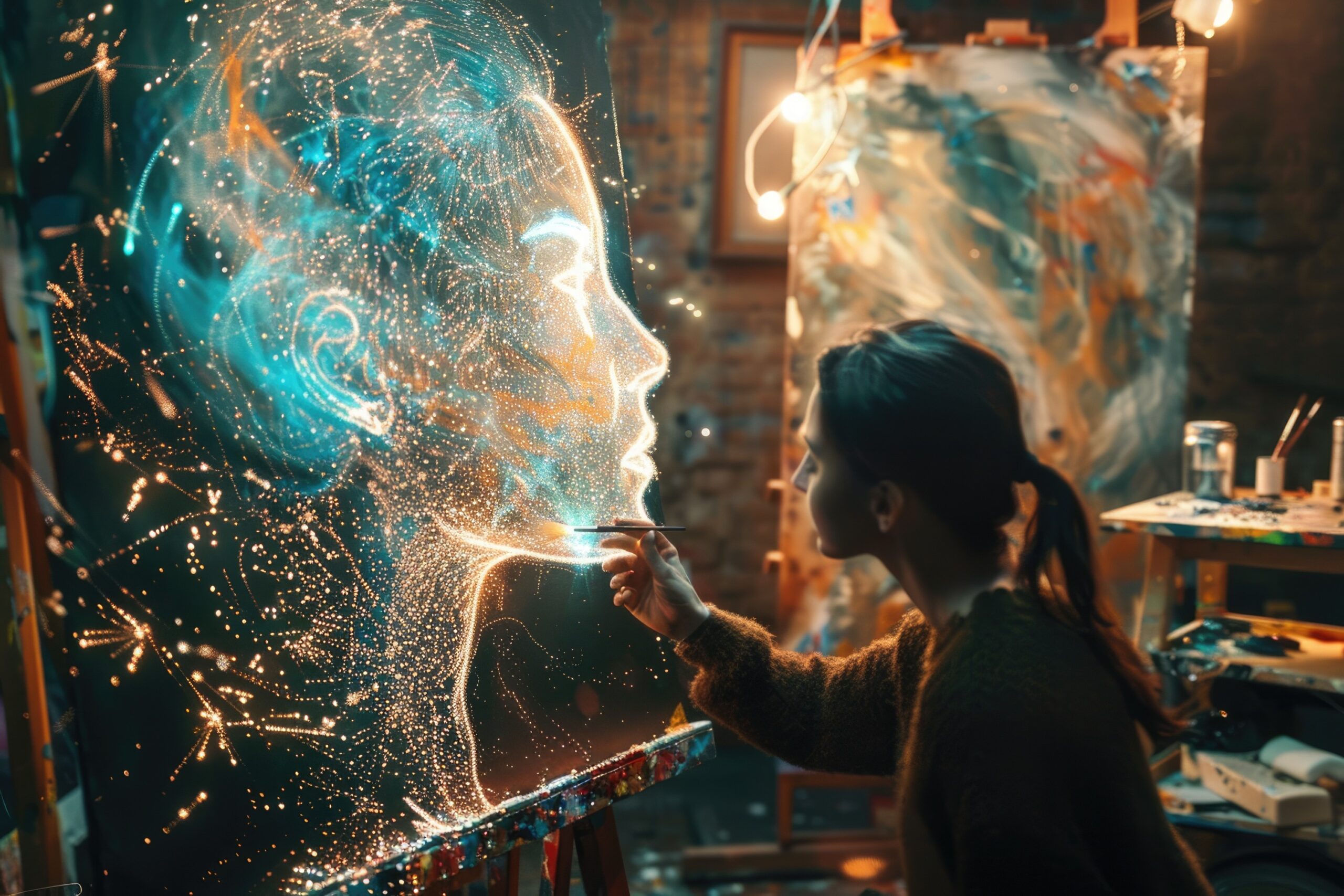 An architect working on blueprints with an AI assistant as a digital model providing structural and design suggestions. Bright, natural lighting enhances the professional setting. AIG60